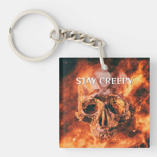 Stay Creepy. Flaming skull in space Key Ring (Front)