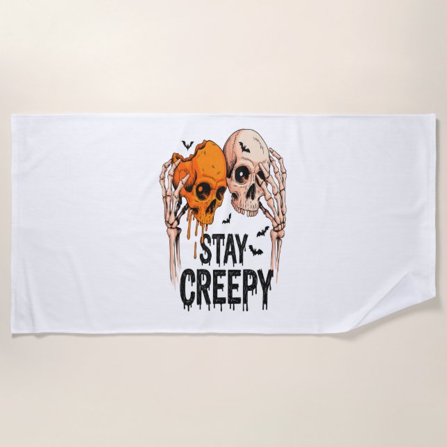 Stay Creepy PNG, Retro Skull Halloween Beach Towel (Front)