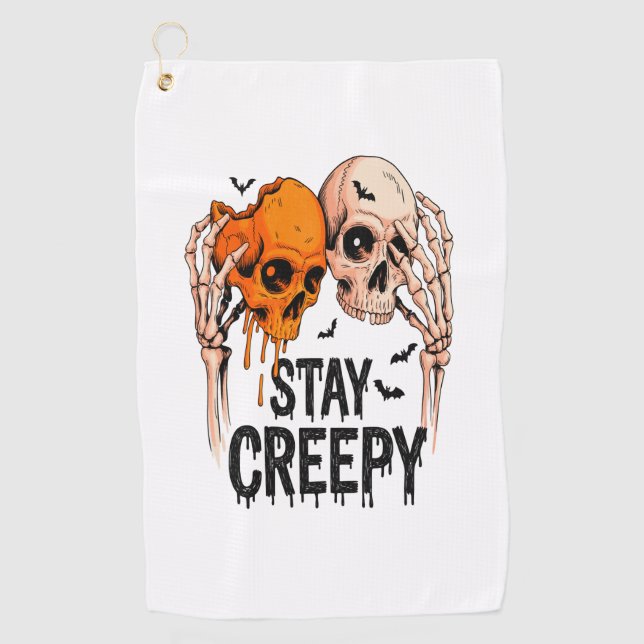 Stay Creepy PNG, Retro Skull Halloween Golf Towel (Front)