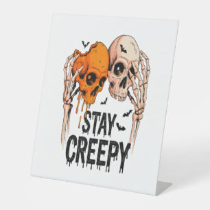 Stay Creepy PNG, Retro Skull Halloween Pedestal Sign