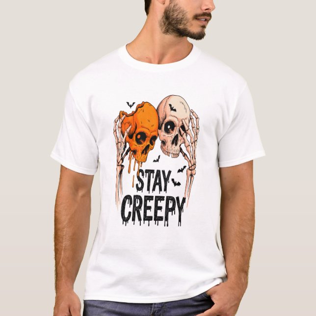 Stay Creepy PNG, Retro Skull Halloween T-Shirt (Front)
