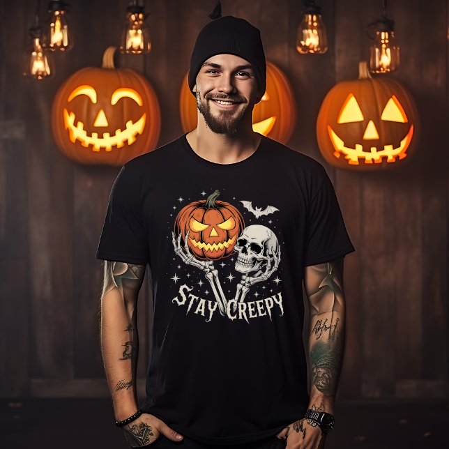 Stay Creepy Skeleton Hands Holding Pumpkin & Skull T-Shirt (Creator Uploaded)