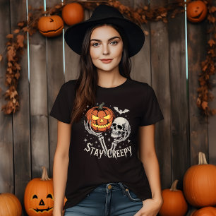 Stay Creepy Skeleton Hands Holding Pumpkin & Skull T-Shirt