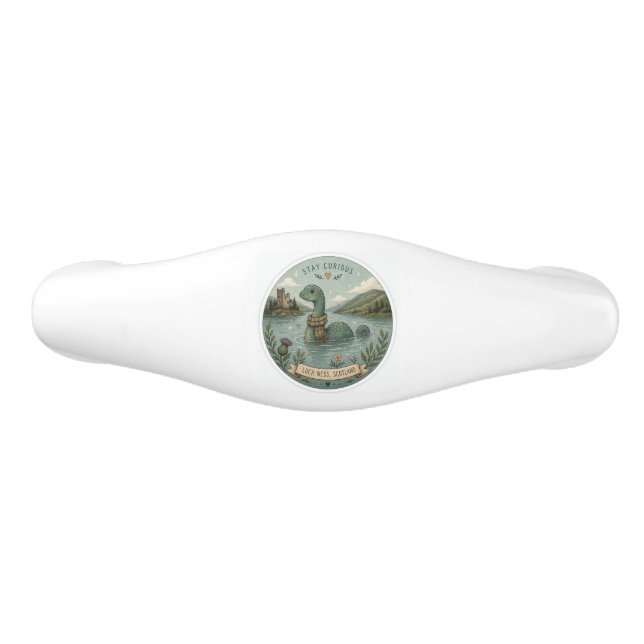 Stay Curious Cosy Cryptid Nessie Loch Ness Monster Ceramic Drawer Pull (Front)
