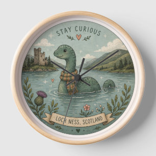 Stay Curious Cosy Cryptid Nessie Loch Ness Monster Clock