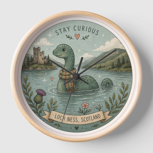 Stay Curious Cosy Cryptid Nessie Loch Ness Monster Clock (Front)