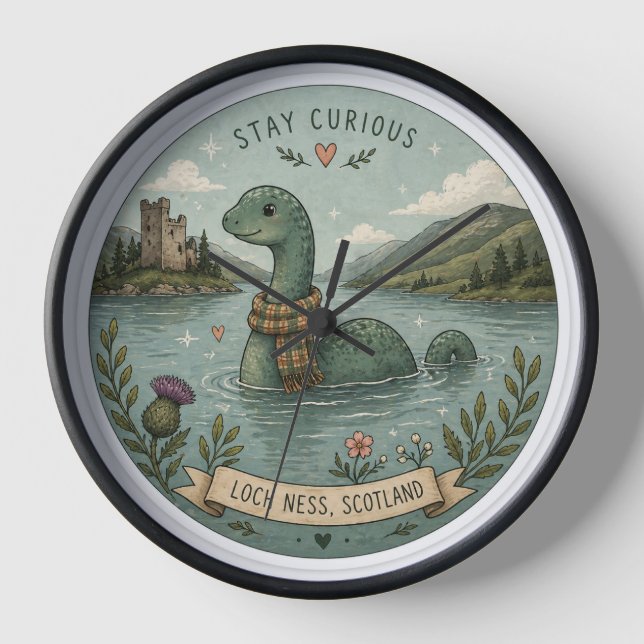 Stay Curious Cosy Cryptid Nessie Loch Ness Monster Clock (Front)