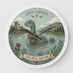 Stay Curious Cosy Cryptid Nessie Loch Ness Monster Large Clock