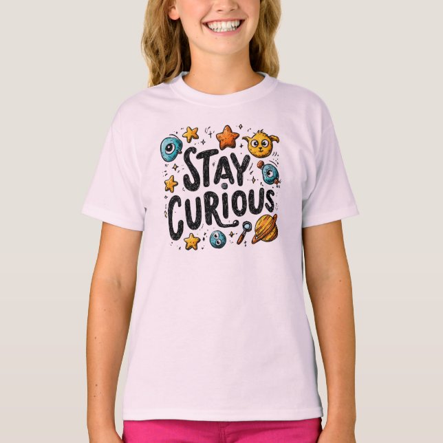 Stay Curious Kids’ T-Shirt – Fun Space & Science D (Front)