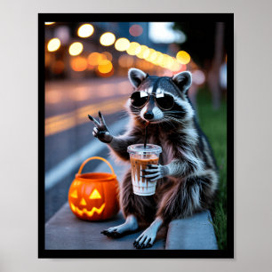 Stay feral racoon drinking iced coffee halloween poster