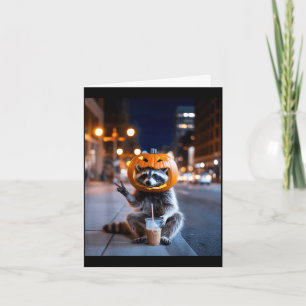 Stay feral racoon halloween drinking iced coffee card
