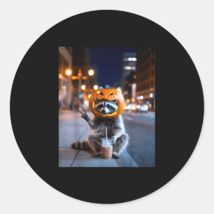 Stay feral racoon halloween drinking iced coffee classic round sticker