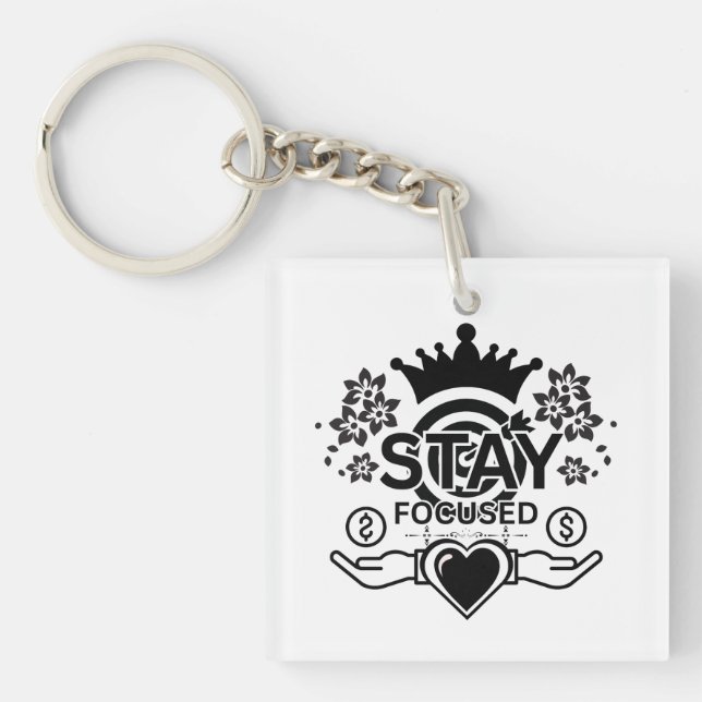 Stay Focused – Motivational Crown & Heart Graphic  Key Ring (Front)