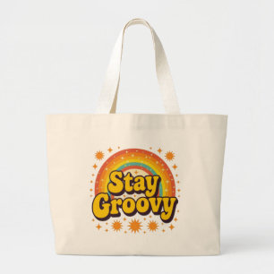 Stay groovy boho rainbow quote large tote bag