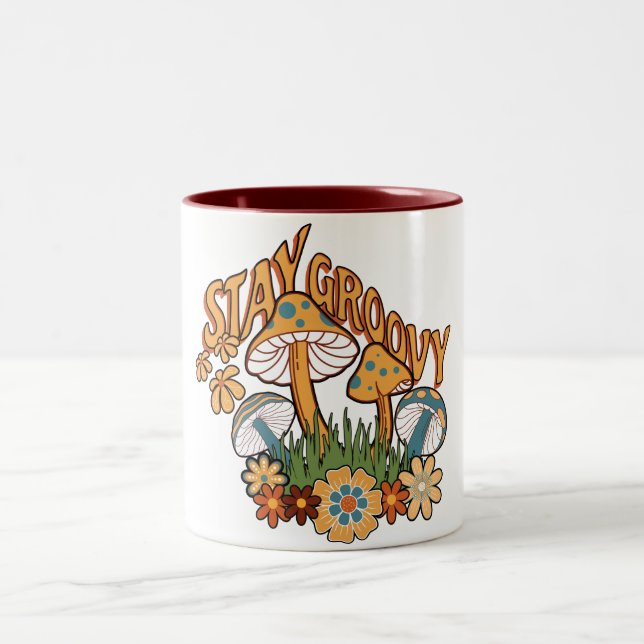 Stay Groovy Retro Mushroom Two-Tone Coffee Mug (Center)