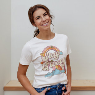 Stay Groovy Retro Rainbow Flowers Typography T-Shirt