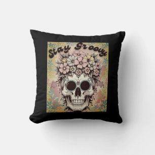 Stay Groovy Skull Retro Floral Halloween Skull 70s Cushion