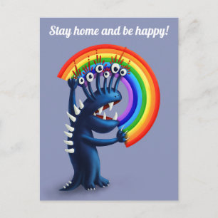 Stay Home And Be Happy Funny Monster Rainbow Postcard