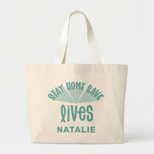 Stay home save lives bright colourful large tote bag