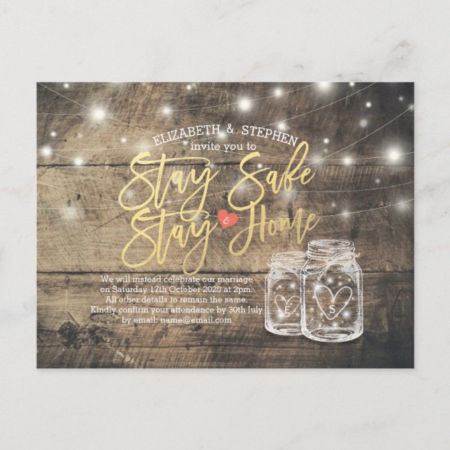 STAY HOME STAY SAFE WEDDING POSTPONEMENT MASON JAR ANNOUNCEMENT POSTCARD (Front)