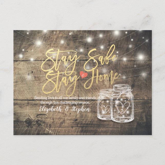 STAY HOME STAY SAFE WEDDING POSTPONEMENT MASON JAR ANNOUNCEMENT POSTCARD (Front)