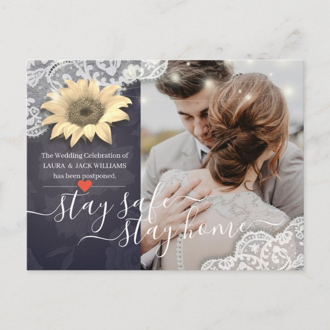 Stay Home & Stay Safe Wedding Postponement Photo Announcement Postcard (Front)