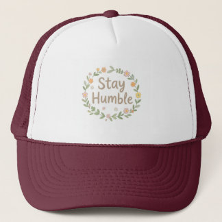 Stay humble earthy tones text on white trucker hat
