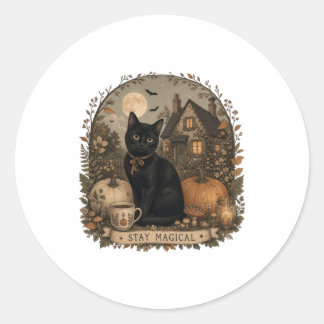 Stay Magical Black Cat Halloween Cottagecore Classic Round Sticker