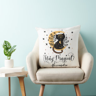 Stay Magical: Black Cat, Moon, Stars & Custom Name Cushion