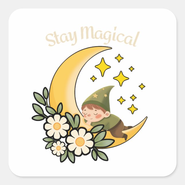 Stay Magical Gnome on Crescent Moon  Square Sticker (Front)
