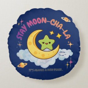 Stay Moon-Cha-La Cute Crescent Moon & Stars Kawaii Round Cushion