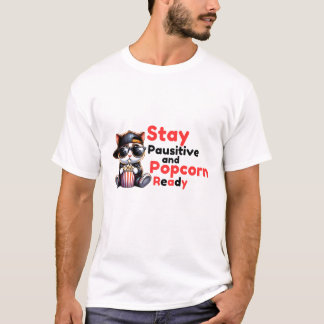 Stay Pausitive and Popcorn Ready -Cute Cartoon Cat T-Shirt