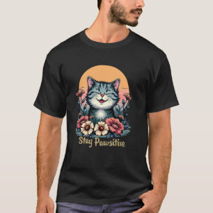 Stay Pawsitive Cat Pet Smiling Flowers Positive Vi T-Shirt