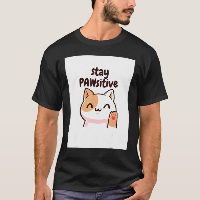 Stay Pawsitive Cat Pun T-Shirt (Front)