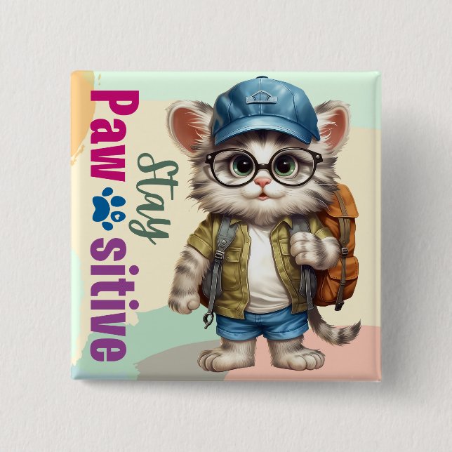 Stay Pawsitive Cat Wearing Backpack 15 Cm Square Badge (Front)