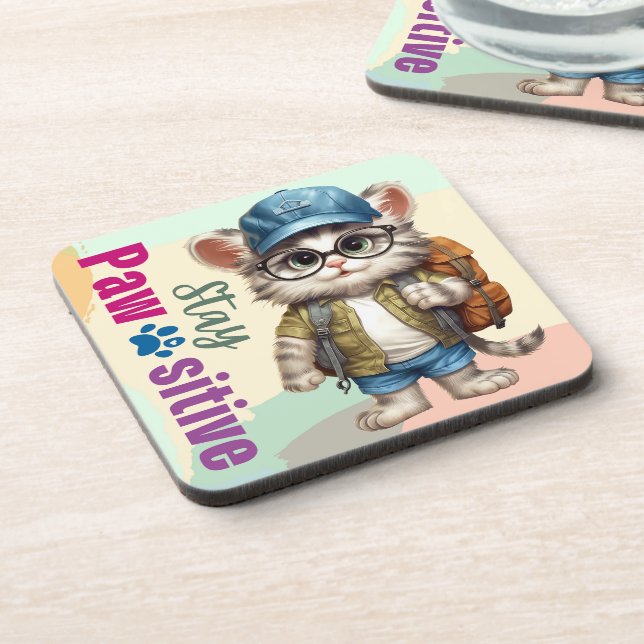 Stay Pawsitive Cat Wearing Backpack Coaster (Left Side)