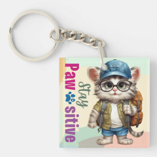 Stay Pawsitive Cat Wearing Backpack Key Ring