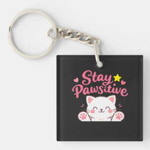 Stay Pawsitive – Cute Cat Motivational Quote Desig Key Ring