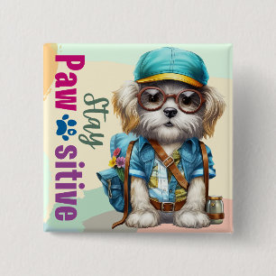 Stay Pawsitive Cute Dog Wearing Backpack 15 Cm Square Badge