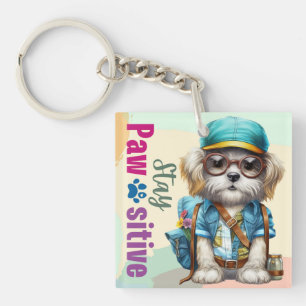Stay Pawsitive Cute Dog Wearing Backpack Key Ring