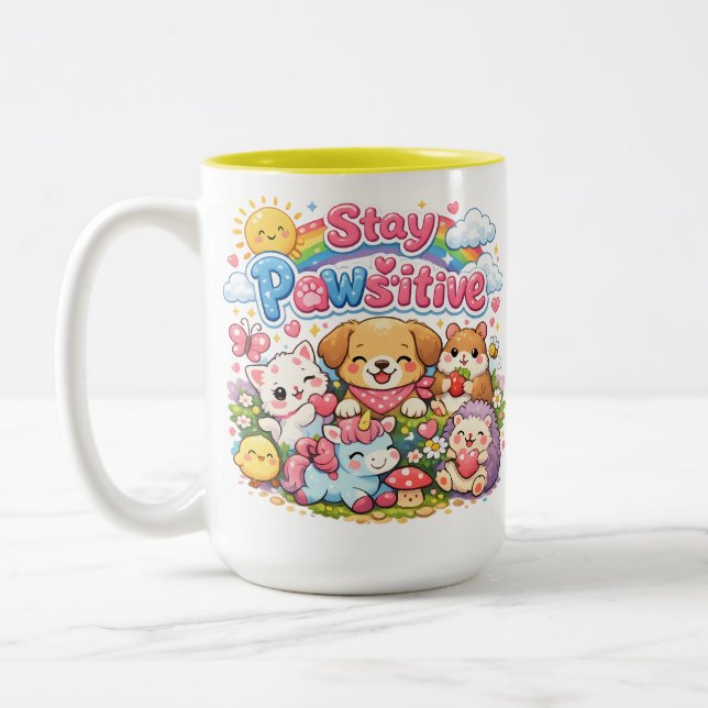 Stay Pawsitive Cute Kawaii Animals Rainbow  Two-Tone Coffee Mug (Left)