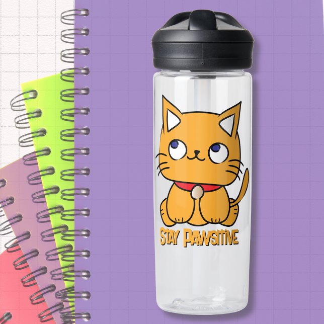 Stay Pawsitive Funny Cat Cartoon Cute Fun Water Bottle (Creator Uploaded)