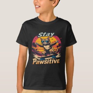 Stay Pawsitive Retro Cat Skateboard Design – Funny T-Shirt