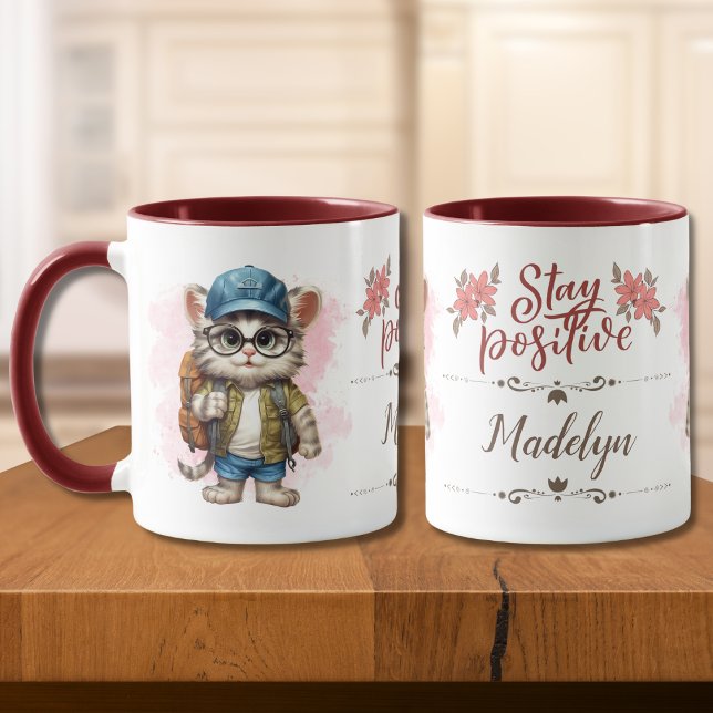 Stay Positive Cat Wearing Backpack Personalised Mug (Creator Uploaded)