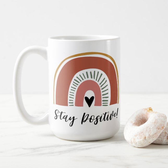 Stay Positive! Cute Colourful Boho Rainbow Coffee Mug (With Donut)