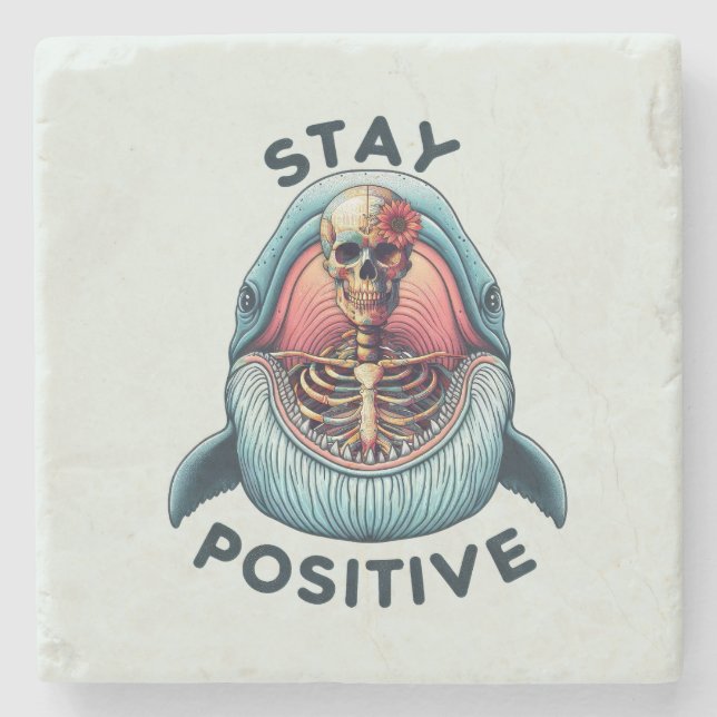 Stay Positive - Skeleton and Whale Stone Coaster (Front)
