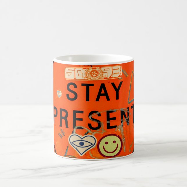 Stay Present, Orange Road Sign Graffiti Coffee Mug (Center)