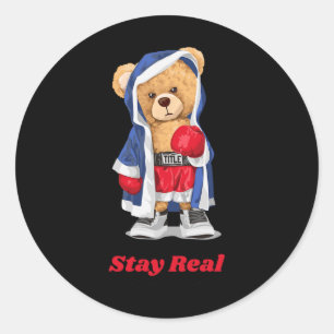 Stay Real Cool Boxing Bear Illustration Graphic De Classic Round Sticker
