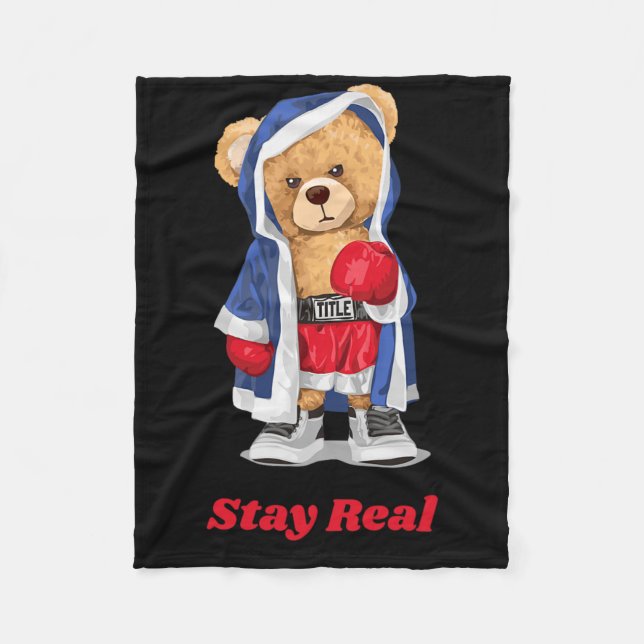 Stay Real Cool Boxing Bear Illustration Graphic De Fleece Blanket (Front)