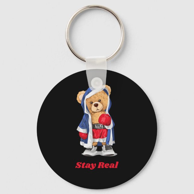 Stay Real Cool Boxing Bear Illustration Graphic De Key Ring (Front)